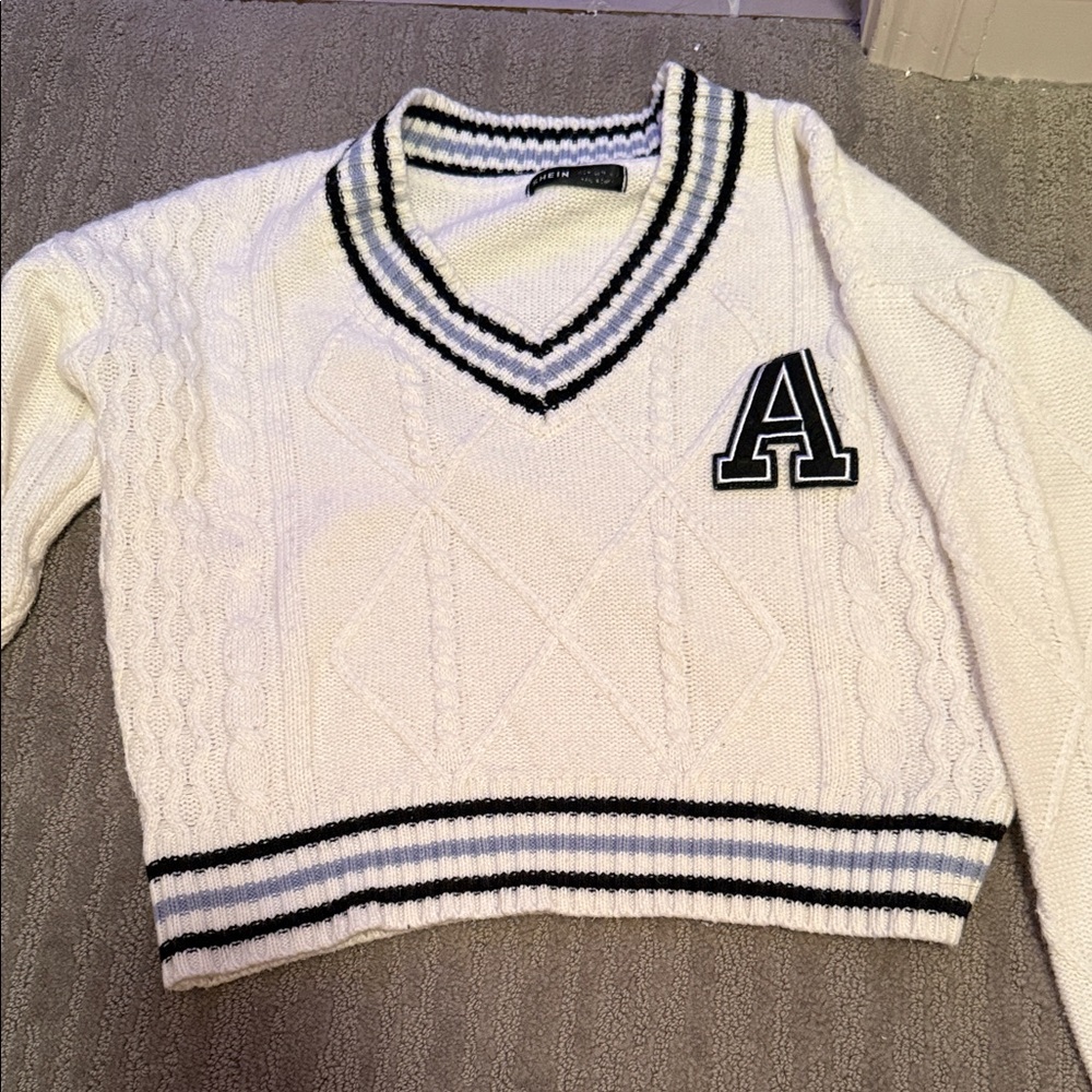 White Cable Knit Sweater with Black Trim